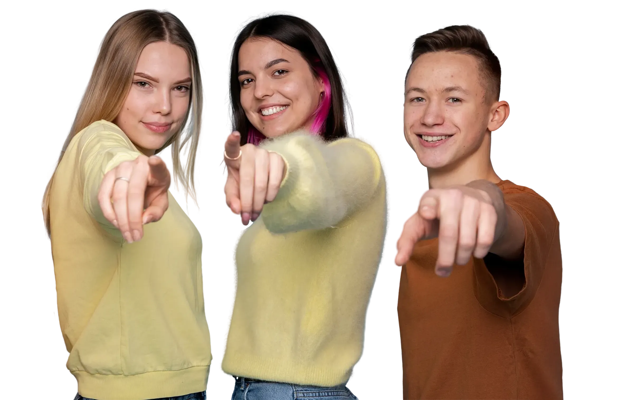 Starte durch:<br><strong>Diese Unternehmen<br>suchen Dich!</strong> Drei Jugendliche schauen und zeigen mit dem Zeigefinger in die Richtung vom Nutzer.