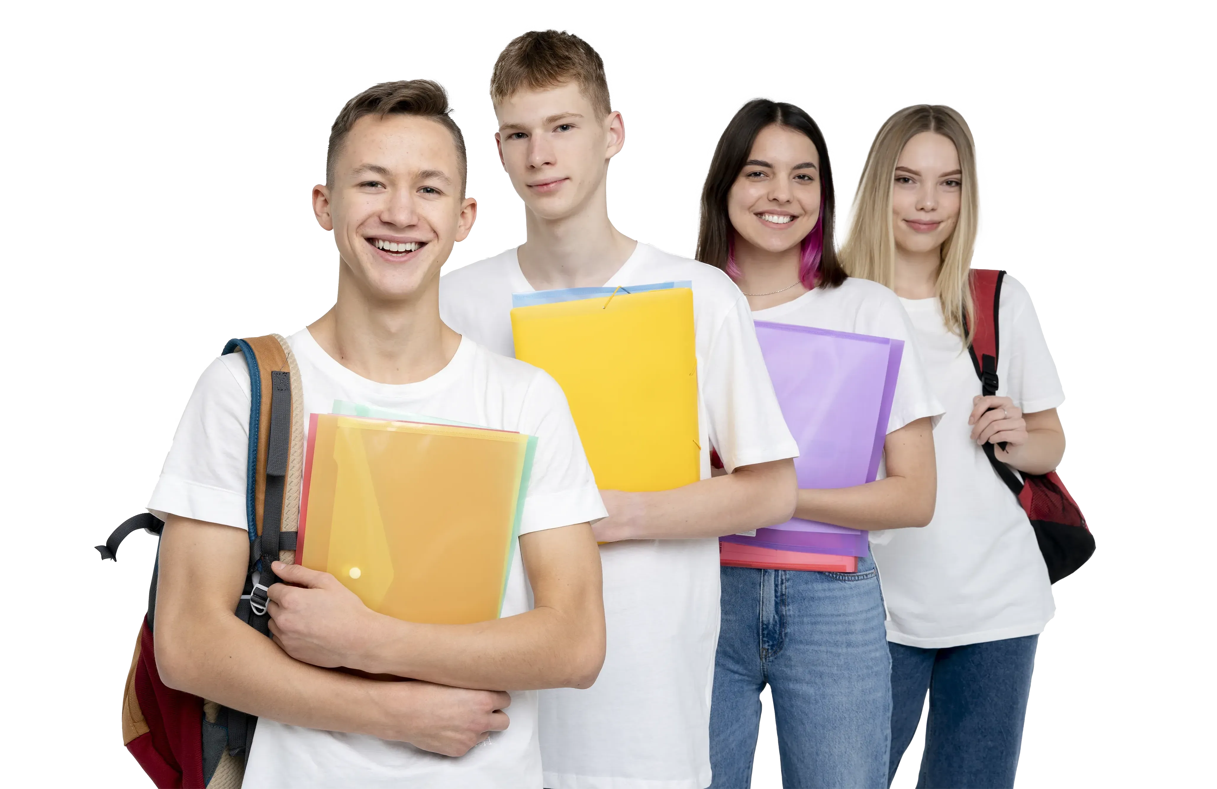 Azubis finden und<br><strong>Fachkräfte in<br>Barnstorf sichern!</strong> Vier Jugendliche mit Schulmaterial in den Armen schauen in die Richtung vom Nutzer.